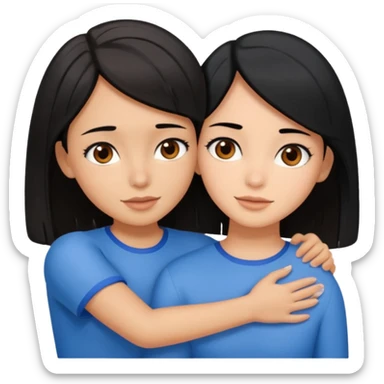 a brown-eyed brunette hugs a brown-eyed girl with a bob and black hair, and the strands are blue sticker