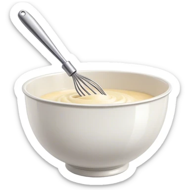 Cinematic Realistic Whisk & Mixing Bowl, a well-used metal whisk resting in a smooth ceramic mixing bowl, light reflecting off the whisk’s polished surface, subtle smears of batter along the rim, glowing with a sense of warmth and creativity. sticker