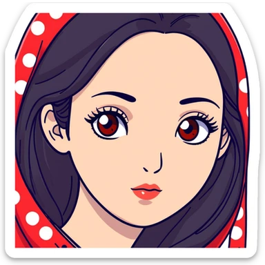 White girl with long oval shaped face, large almond shaped eyes with long eyelashes, long straight black hair falling in front of her bare shoulders, face closeup, with red and white gopi dots decorating her forehead above eyebrows sticker