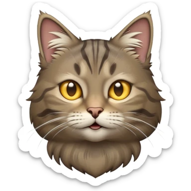 cinematic-[grey brown tabby cat]-realistic-emoji,-head-tilted-dramatically,-scruffy-[predominantly grey]-fur,-simplified-yet-realistic-focused-features,-highly-detailed,-glowing-with-an-almost-sarcastic-glow sticker