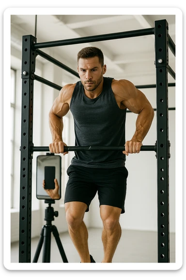 uomo che fa Muscle up e si sta filmando davanti con il telefonino per vedere la sua posizione dei gomiti e delle mani sulla sbarra sticker