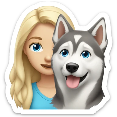 Blonde girl with blue eyes with a gray Husky sticker