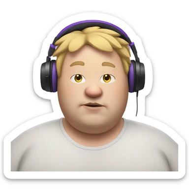 fat white man with purple cat ears, listening to music sticker