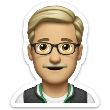 a forty-year-old white man with brown-green eyes, ash-colored short hair, a mustache and a goatee on his chin, wears fashionable glasses and an earring in his left ear sticker