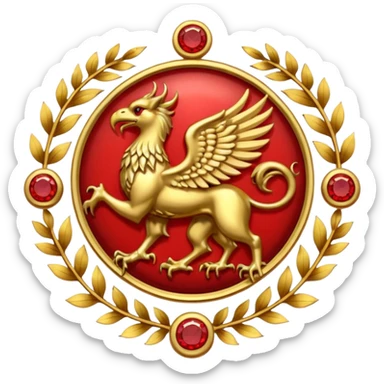 Golden griffin crest / brosch in a circle with red gems and no background sticker