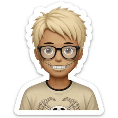 anime hair guy with skeleton makeup. wearing a stussy tshirt with glasses sticker