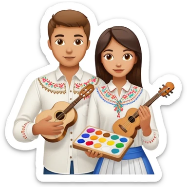 a guy in a white Ukrainian embroidered shirt and a girl in a white Ukrainian embroidered shirt, holding music and a paint palette sticker