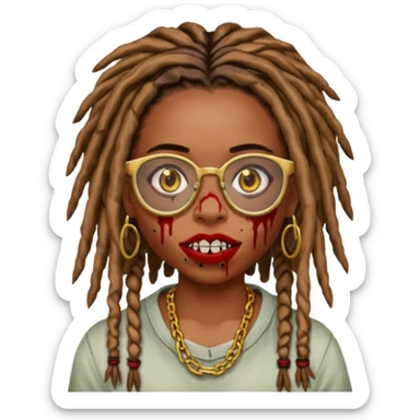 an african american girl with mid back length dread locs black glasses scar on the right side of face its like a red brown line im gold grills zombie mouth locs upfront sticker
