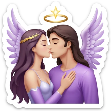 White brunette human man with rays of light Heart kisses a pastel purple angel woman sticker