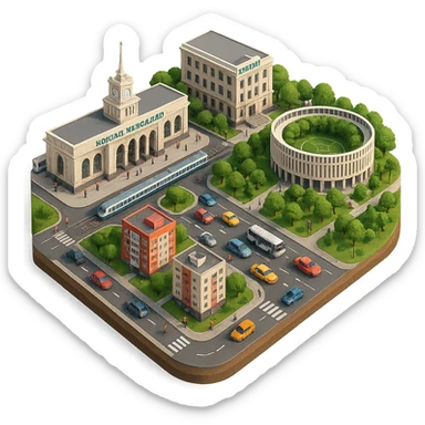 Изометричная миниатюрная фотореалистичная 3D модель панорамы Краснодара - вокзал Краснодар, КубГМУ, парк Краснодар со стадионом, краснодарские дома, автотранспорт четкие линии, яркие цвета, мультяшный реализм, люди, автотранспорт, компактная композиция, вид сверху в изометрии, прозрачный фон sticker