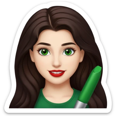 Lauren Jauregui with long dark brown hair, green eyes, red lip sticker