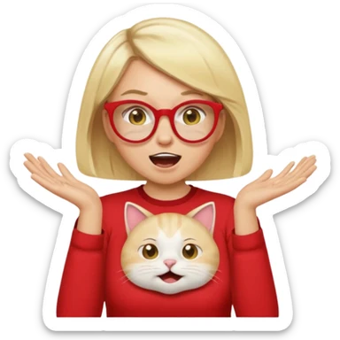 emoji style, waist-up woman with light skin, blonde bob hair, white cat-eye glasses, red shirt, both hands cupped around her mouth, shouting with joy on simple light background sticker