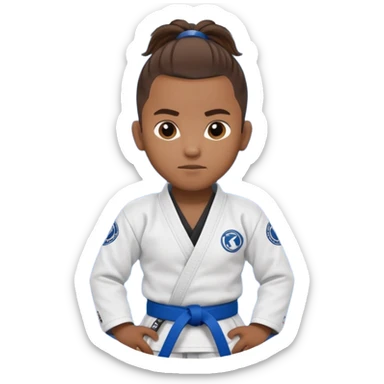 black jiu jitsu instructor with ponytail and a low taper fade sides haircut, and a small fade on the sides with a blue belt and roger Gracie academy logo on the gi sticker
