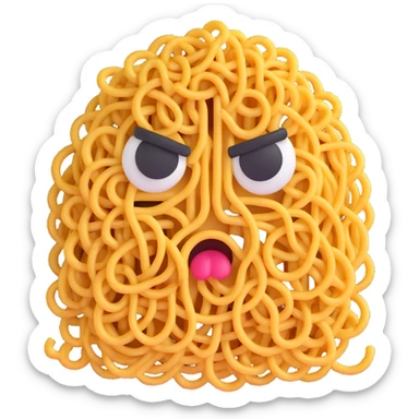 expressive emoji-style face made entirely from a bowl of noodles, angry or disgusted eyes, frown or grimace, cartoon-style steam or stink lines, mood hate it, showing irritation or disgust, fun cartoonish style sticker