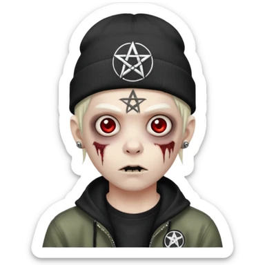 zombie boy emoji, apple style, pentagram on forehead, wearing beanie, emo, no text sticker