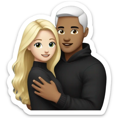 Blonde girl with blue eyes in black sweater and asian man with black hair and black eyes hugging sticker