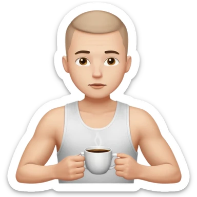 a white short guy wearing a white tank top with a buzz cut drinking a cup of coffee sticker