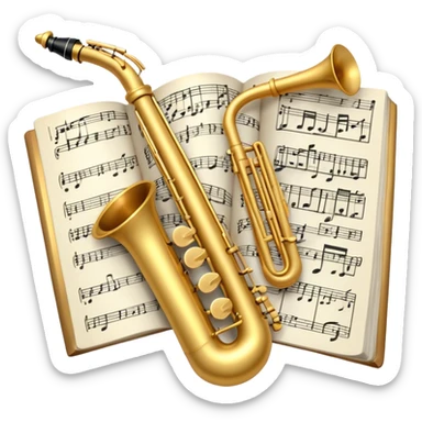 Create an elegant and artistic emoji that represents music arrangement and orchestration. The design should feature a conductor's baton, musical scores, and various orchestral instruments (drums, violin, trumpet, electric guitar, synthesizer). Incorporate flowing lines to represent harmony and orchestral balance, along with a subtle representation of sheet music. Use rich, classical colors like gold, silver, or deep blue, and create an atmosphere of sophistication and precision. The background should be transparent. sticker