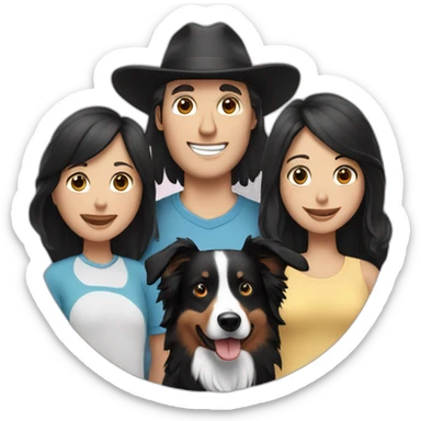 Family formed by a White man on hat and a White woman with long black hair and one small black border collie dog sticker