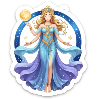 fullbody universe goddess Sophia with intricate details, cosmic goddess with starry elements, highly detailed celestial being with glowing features sticker