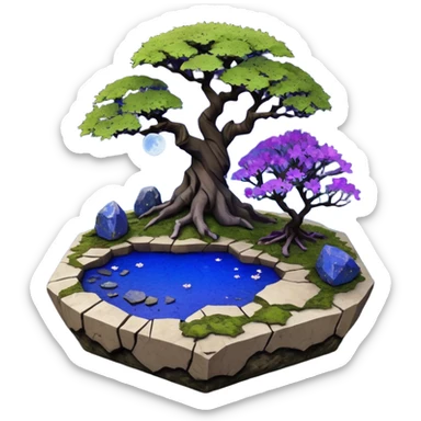 Alien saucer poolhouse jungle winding narrow stairway fountain lakeside mountainside -island getaway nighttime landscape antique mudman very old broken cracked intricate Stone Age lapis-crusted irregular dodecagon-shaped shallow dark moss rough bark violet serissa flowered maple tree bonsai sticker