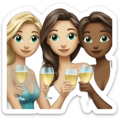 Three beautiful mermaids (two brown hair with brown eyes and blond one with blue eyes) drinking champagne sticker