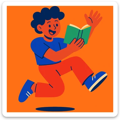 a person dancing while reading a book, joyful expression, energetic pose, clear book visible, vibrant and playful style sticker