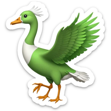 Emoji of a running goose with a very long neck and two legs. Use 🪿 shape but color it bright green (#39C700). The wings should be folded close to the body, not flapping. The legs should be clearly in a running motion, showing dynamic movement, not static. sticker