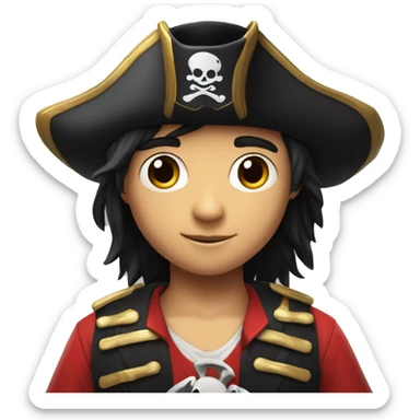 A boy, 12 years old, black hair, shiny eyes, a red pirate costume, a pirate hat with an image of crossbones and a skull, stands reading a red book sticker