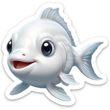 Cinematic Comical White Goldfish Portrait Emoji, Head tilted dramatically with an exaggeratedly amused expression, featuring a striking, glossy pure white body with elegantly fluttering fins, wide, expressive pale eyes filled with playful disbelief, Simplified yet hilariously expressive features, highly detailed, glowing with a slightly sassy glow, high shine, dramatic yet playful, stylized with an air of cheeky mischief, bright and endearing, soft glowing outline, capturing the essence of a spirited and over-the-top goldfish, so meme-worthy it feels like it could side-eye its way into internet fame instantly! sticker