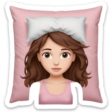 girl with brown wavy long hair and brown eyes with eyelashes and a powder pink tank top holding a pillow only from shoulders to head 9:16 ratio (tiktok screen size) sticker