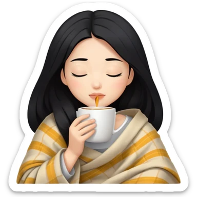 Asian girl inside a blanket sipping coffee eyes closed black hair sticker