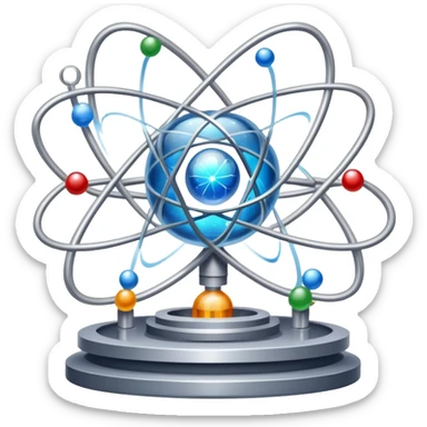 An icon featuring a large particle collider, atom symbols, and energy waves, symbolizing the field of physics. The design includes a lab setup with scientific equipment, representing experiments and fundamental forces of nature. Transparent background highlights the exploration of matter and energy. sticker