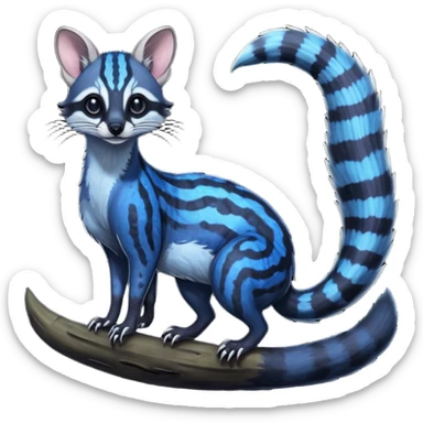 Feral Rare Fantasy iridescent scaly evil spooky vibrant dark shady shaded detailed deep-dark-cobalt-blue-gradients-colored colorful Genet-Trico-Civet-Cacomistle-Margay-species by LiLaiRa, with dark-blackish points, white belly, random markings, tufted tail, tufted ears, full body sticker