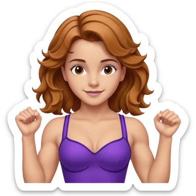 big biceps, muscled torso, very beautiful italian happy girl, looking like Emma Watson, with wavy bright hazelnut hair, dressed in a beautiful violet costume sticker