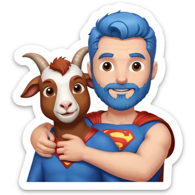 Adult Superman with redish brownish full beard with his arm around a blue hair happy goat sticker
