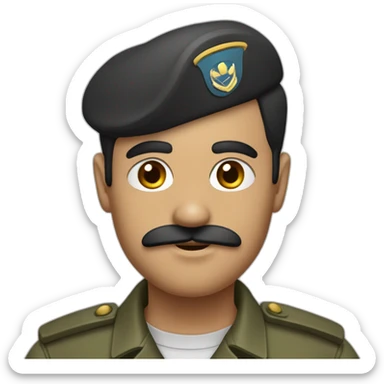 Person with a small, thin mustache, dark hair combed to the side, prominent eyebrows, wearing a military shirt sticker