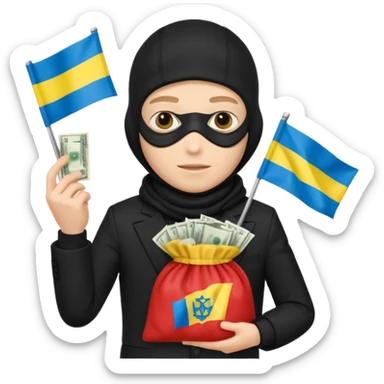 create an incredibly realistic white thief in a black suit and balaclava with a bag of money and a Ukrainian flag on it sticker