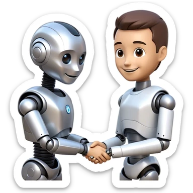 Futuristic emoji: a man and a humanoid robot shaking hands in a friendly manner. The man is smiling, and the robot looks friendly. Minimalistic background, 3D style, realistic details. sticker
