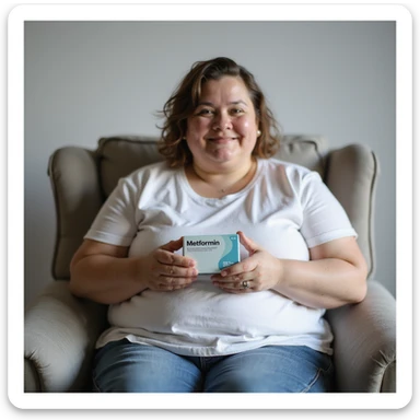 hyperrealistic 4K vertical 9:16 image of a slightly overweight woman sitting, showing a box of Metformin towards the camera, positive expression, isolated white background sticker