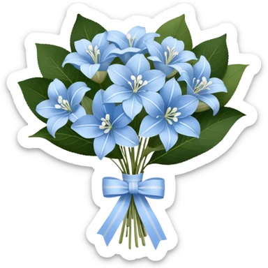 A wooden table adorned with a small bouquet of baby blue hydrangeas and creamy white lilies, wrapped in a softly frayed linen ribbon. A single blue butterfly, dusted with a hint of silver, rests lightly on the bouquet, as if drawn to its delicate fragrance. sticker