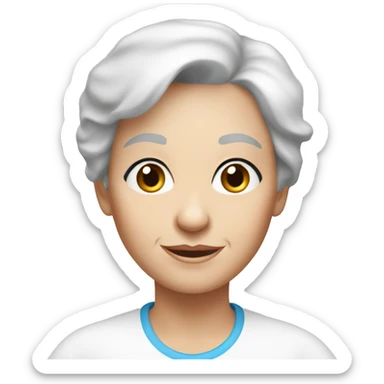 White 63 yrs old woman dark brown hair blue eyes with a white T-shirt sticker