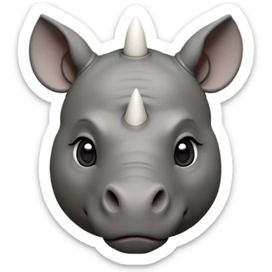 cinematic-noble-cute-young rhino-portrait-emoji,slate-grey-hide-poised-and-regal,-with-a-massive,-powerful-build-and-a-thick,--deep-set-soulful-piercing-eyes,-simplified-yet-sharp-and-sophisticated-features,-highly-detailed,-large-black-eyes, white horn, front facing, zoomed out showing shoulders sticker