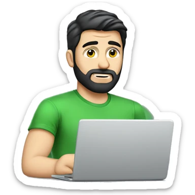 white guy with black hair thin face with beard typing in laptop wearing green t-shirt working in call center sticker