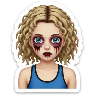 Crie um emoji de uma garota zumbi, como esta: "🧟‍♀️'. Porém invés da camiseta, uma regata fina e de cor preta, os cabelos loiros escuros na altura do ombro e picotado, liso na raiz e cacheado nas pontas, com mechas azuis nas mechas da frente e a parte de trás pintada de vermelho vinho sticker