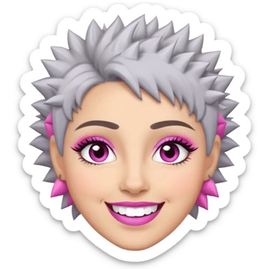 Close-up of Marian Pabón with defined facial structure, light skin with pink undertones, almond eyes with makeup, arched eyebrows, charismatic wide smile, and short spiky gray hair sticker