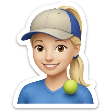 blond woman, pony tail, ball cap sticker