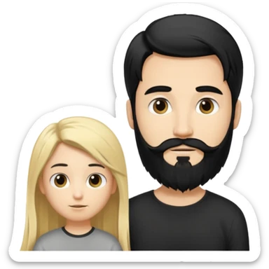 Man with long black hair tied in a tail and beard with a young blond short-haired without a beard sticker
