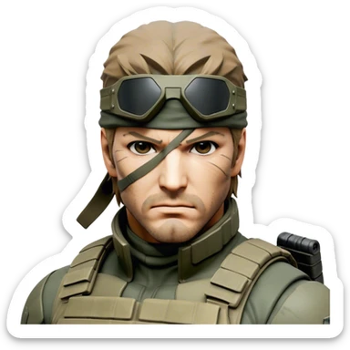 Cinematic Realistic Metal Gear Solid Snake Soldier Portrait, head tilted epicly and inquisitively, showcasing a commanding presence and tactical acumen. His weathered face, intense eyes, and meticulously rendered combat gear in muted earth tones are brought to life with lifelike clarity and dramatic lighting, high shine, epic and awe-inspiring, embodying the covert prowess of a true warrior of the shadows. sticker