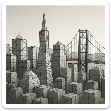 {
  "style_description": {
    "name": "Low Poly Wireframe",
    "overall_look": "Geometric abstraction with visible polygonal mesh edges and a minimal, digital aesthetic",
    "geometry": {
      "shape_type": "triangles and quadrilaterals forming faceted surfaces",
      "structure": "low-resolution polygon meshes with flat faces",
      "edge_visibility": "clear, sharp wireframe outlines around each polygon",
      "dimensionality": "3D-like forms created through flat shading and edge contours"
    },
    "linework": {
      "type": "thin or semi-bold outlines tracing all edges of the mesh",
      "style": "uniform or slightly stylized (e.g., dotted or glowing lines)",
      "color": "typically black, dark gray, or color-matched for contrast"
    },
    "color": {
      "application": "solid flat colors per polygon, without gradients",
      "palette_type": "limited, often monochromatic or with tonal variation per face",
      "highlighting": "minimal shading to emphasize surface depth without realism"
    },
    "lighting": {
      "approach": "ambient or directional lighting used sparingly to add dimension",
      "avoid": ["soft shadows", "complex reflections", "photorealism"]
    },
    "background": {
      "style": "plain or gradient backdrop to contrast mesh clarity",
      "consistency": "flat and neutral to preserve focus on wireframe structure"
    },
    "render_constraints": {
      "avoid": ["smooth surfaces", "rounded curves", "realistic textures"],
      "focus_on": ["polygon edges", "angular forms", "mesh clarity"]
    },
    "subject_treatment": {
      "representation": "simplified, stylized forms with clear geometry",
      "emphasis": "structure, volume through form and edge"
    }
  }
}

{subject} = san francisco sticker